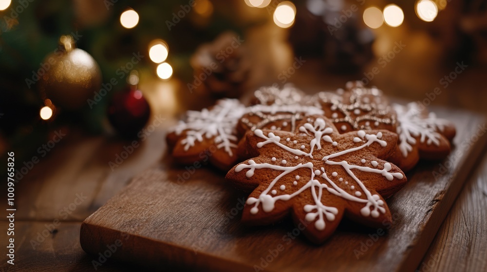 A close-up view showcases intricately designed Christmas cookies shaped like snowflakes placed on a rustic wooden board, illuminated by twinkling fairy lights A close-up view showcases intricately designed Christmas cookies shaped like snowflakes placed on a rustic wooden board, illuminated by twinkling fairy lights