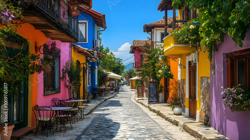 Colorful Historic Streetscape Charming Architecture Cobblestone Pathways Vibrant Flowers Cozy Cafes Sunny Day