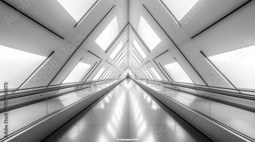Modern architecture in a well-lit pedestrian walkway featuring geometric lines and symmetry