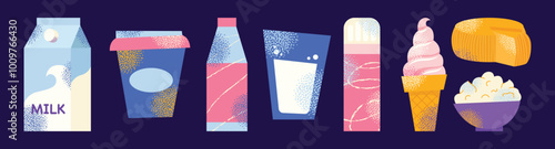 Dairy products set. Milk, kefir and yogurt, cardboard packaging containers, bottle. Different cheese, butter and cream. Organic farm healthy food vector illustration isolated on background