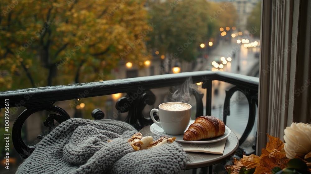 Sipping coffee and indulging in a croissant at an outdoor table while admiring the beautiful Parisian architecture amidst a gentle rain creates a cozy atmosphere. Sipping coffee and indulging in a croissant at an outdoor table while admiring the beautiful Parisian architecture amidst a gentle rain creates a cozy atmosphere.