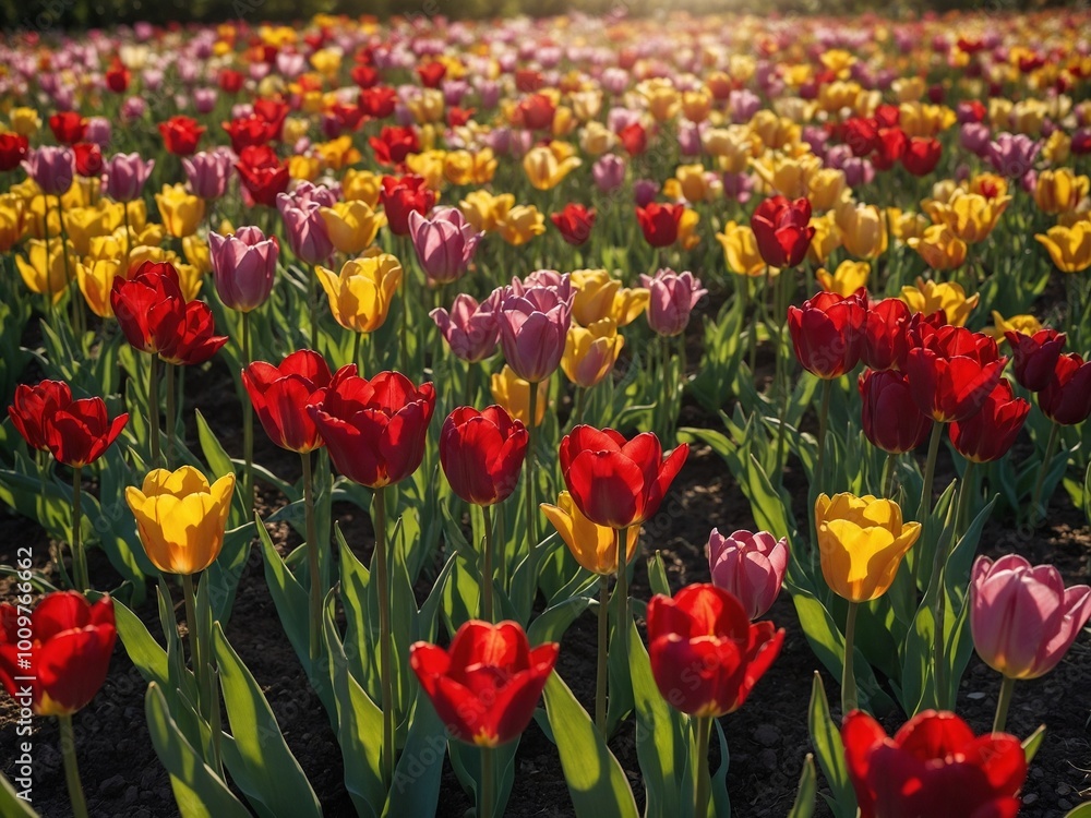 Field of colorful tulips in various shades of red, yellow, and pink. Tulips in full bloom, creating vibrant and lush floral display against blurred background Field of colorful tulips in various shades of red, yellow, and pink. Tulips in full bloom, creating vibrant and lush floral display against blurred background