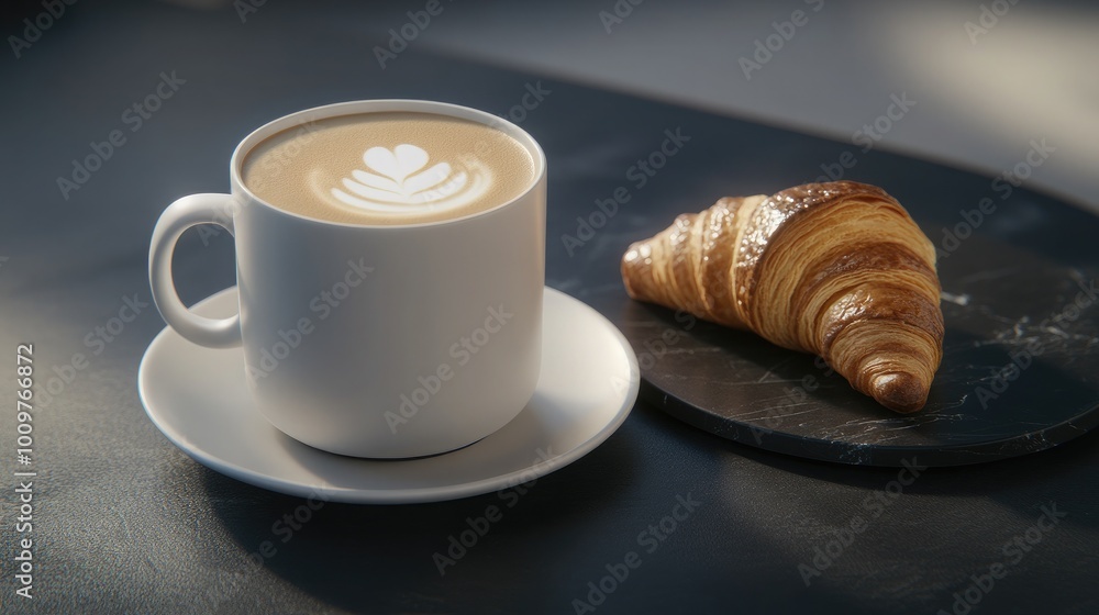 Experience the rich aroma of coffee with intricate latte art paired with a buttery croissant, elegantly displayed on polished black marble for a sophisticated touch Experience the rich aroma of coffee with intricate latte art paired with a buttery croissant, elegantly displayed on polished black marble for a sophisticated touch