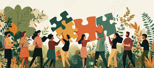 Flat illustration of diverse people working together to assemble large puzzle pieces, photo