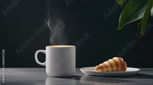 Experience the rich aroma of coffee with intricate latte art paired with a buttery croissant, elegantly displayed on polished black marble for a sophisticated touch