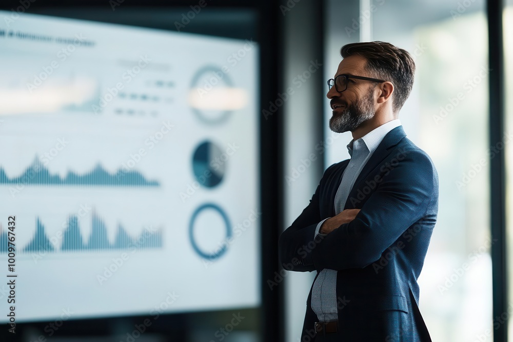 Fototapeta premium Confident business man standing by a presentation screen with data trends and graphs, showcasing professional achievement.
