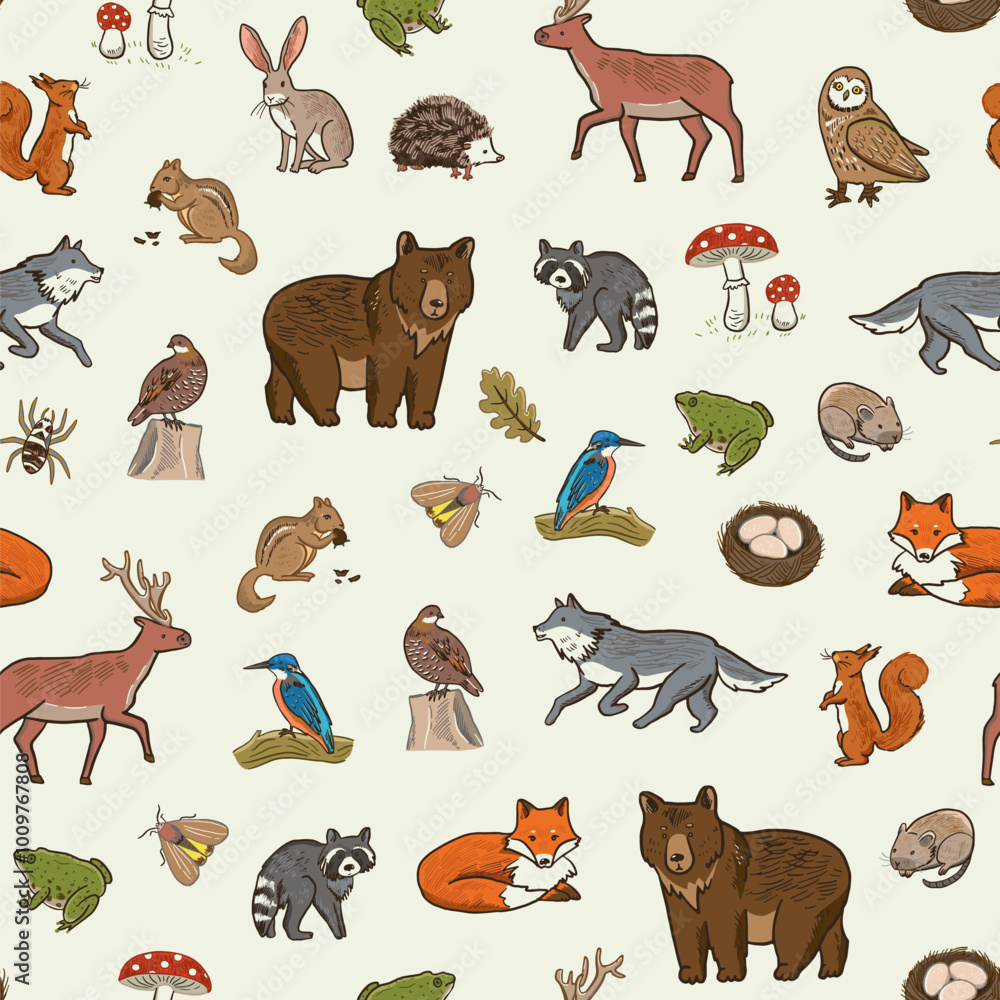 Fototapeta premium Forest animals woodland vector seamless pattern.