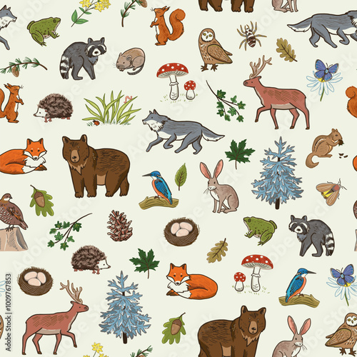 Forest animals woodland vector seamless pattern.