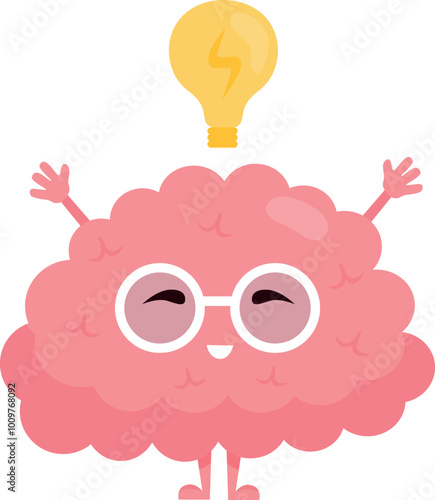 Smart brain with lightbulb. Idea concept cartoon icon