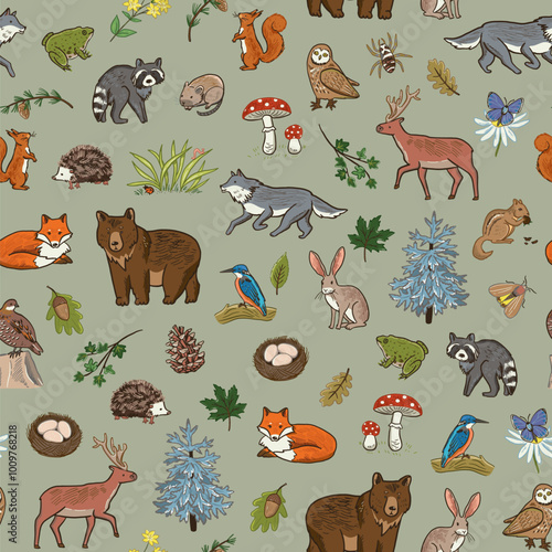 Forest animals woodland vector seamless pattern.