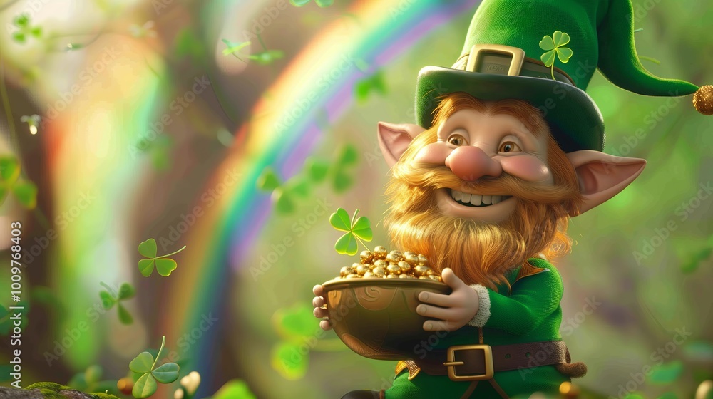 A fairy-tale leprechaun with a red beard in a green suit holding a pot of gold coins against a background of rainbow stripes and green clover leaves. A fairy-tale leprechaun with a red beard in a green suit holding a pot of gold coins against a background of rainbow stripes and green clover leaves.