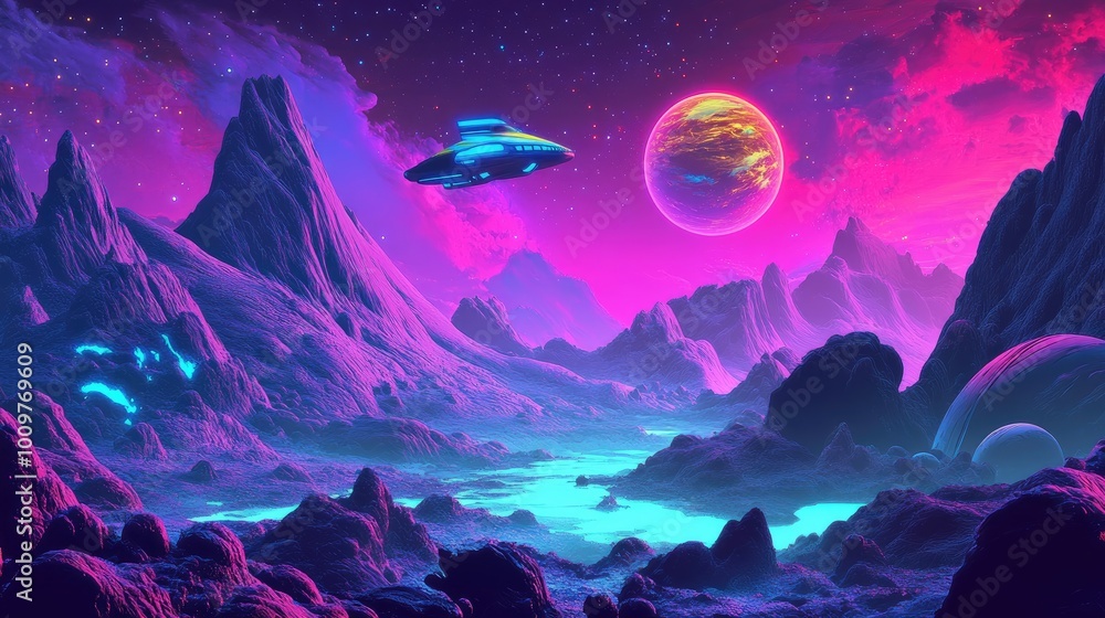 Futuristic Landscape with Flying Saucer, Mountains, and Planets in a Pink and Blue Sky Futuristic Landscape with Flying Saucer, Mountains, and Planets in a Pink and Blue Sky