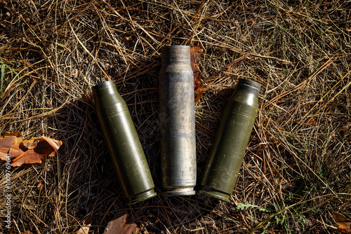 Army spent ammunition, three ammunition casings lie in the dry grass. Color horizontal photo from top to bottom.