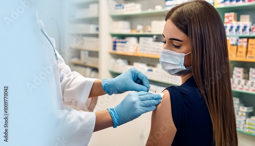 A woman receives a safe and professional vaccination at a welcoming pharmacy, ensuring her health and well-being with care and precision in a trusted environment.