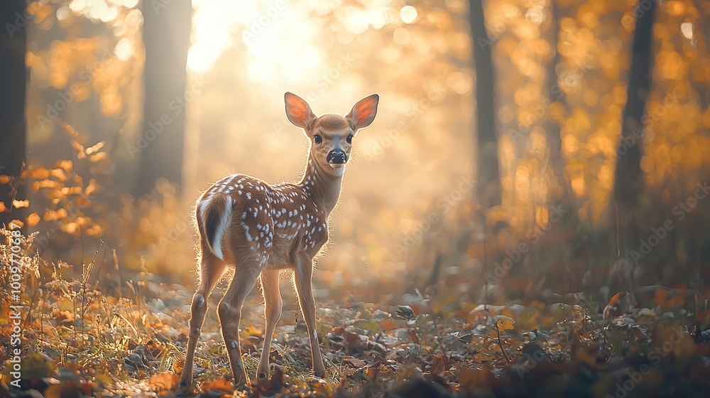 A young deer stands amidst the forest under a bright sun, with leaves scattered across the ground beneath towering trees A young deer stands amidst the forest under a bright sun, with leaves scattered across the ground beneath towering trees