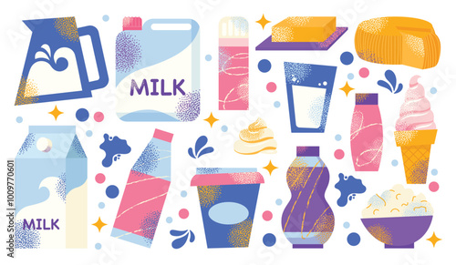 Dairy products set. Milk, kefir and yogurt, cardboard packaging containers, bottle. Different cheese, butter and cream. Organic farm healthy food vector illustration isolated on background