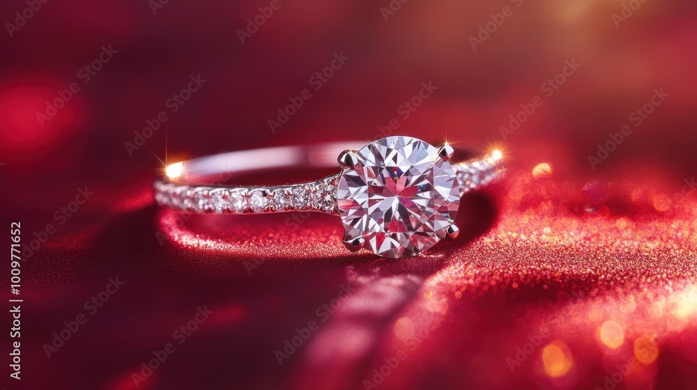 Diamond Engagement Ring on Red Satin Diamond Engagement Ring on Red Satin