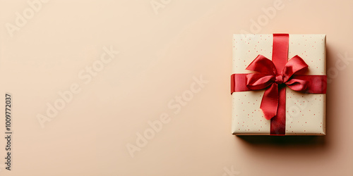 Neutral beige wrapped gift with a red ribbon sits elegantly on a soft peach-colored background with copy space, perfect for special occasions like birthdays or holidays