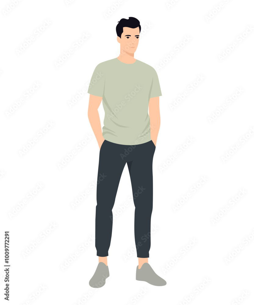 Vector illustration of a man in a light green T-shirt and black pants Vector illustration of a man in a light green T-shirt and black pants