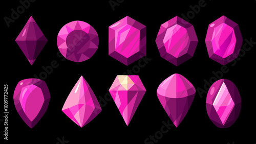 Set of pink gemstones of various shapes. Jewels on black background. Vector illustration