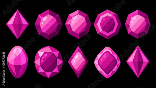 Set of pink gemstones of various shapes. Jewels on black background. Vector illustration photo