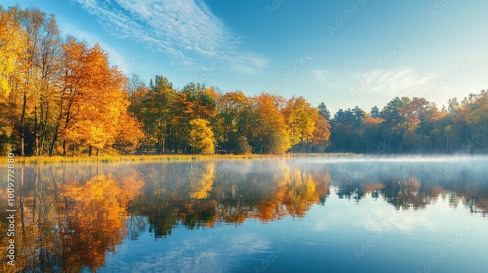 Water encircled by treetops, adorned w/yellow/red foliage, set against a blue sky dotted with wisps Water encircled by treetops, adorned w/yellow/red foliage, set against a blue sky dotted with wisps