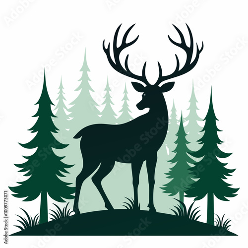 A deer with antlers in the forest silhouette vector illustration on white background