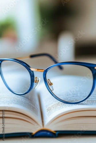 Reading glasses resting on an open book with soft bokeh lights in the background at night