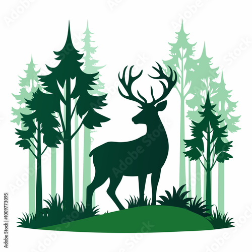 A deer with antlers in the forest silhouette vector illustration on white background