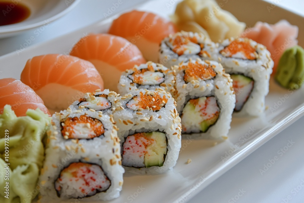Close-up of sushi rolls with salmon, cucumber, and avocado, topped with sesame seeds and roe on a white plate. Close-up of sushi rolls with salmon, cucumber, and avocado, topped with sesame seeds and roe on a white plate.