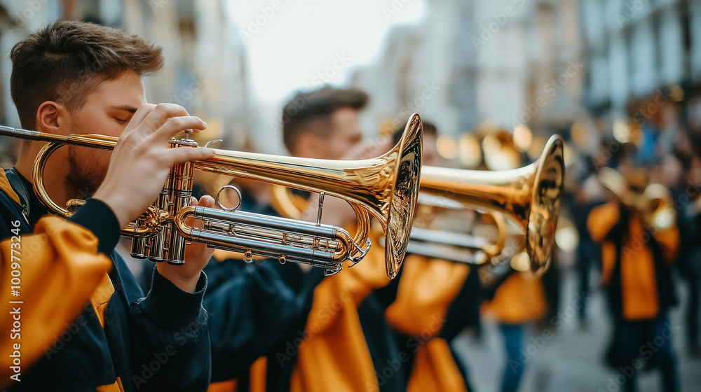 Naklejka premium Brass band musicians playing trumpets during a lively street parade