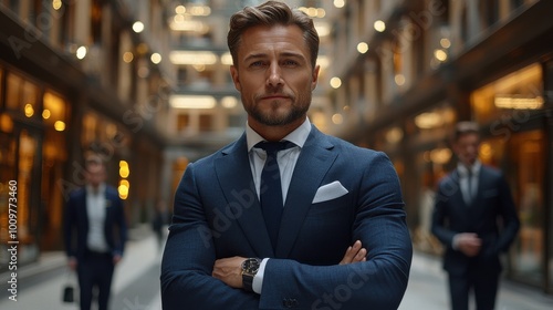 Confident businessman stands in a well-lit urban plaza with colleagues in suits during the day, exuding professionalism and style