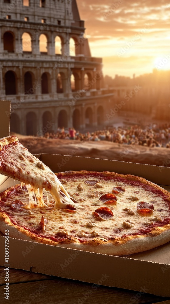 Obraz premium A hand holds a mouthwatering pizza while people gather nearby, enjoying a warm evening by the iconic Colosseum under a beautiful sunset
