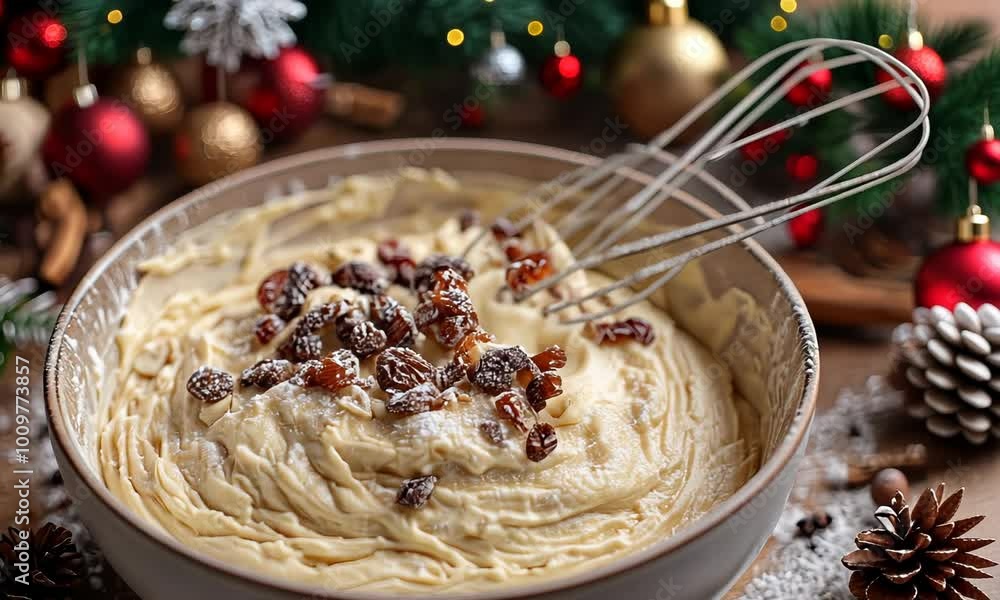 Whisking a bowl of holiday batter for Christmas cake, with festive ingredients like dried fruits, nuts, and spices. . Video Whisking a bowl of holiday batter for Christmas cake, with festive ingredients like dried fruits, nuts, and spices. . Video