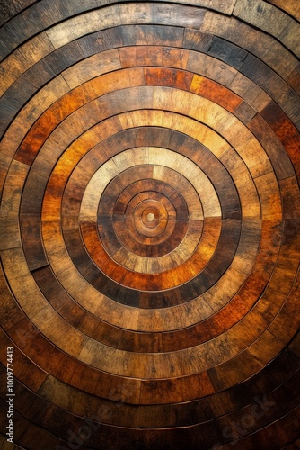 Colorful concentric circles made of wood in a circular pattern showcasing intricate craftsmanship