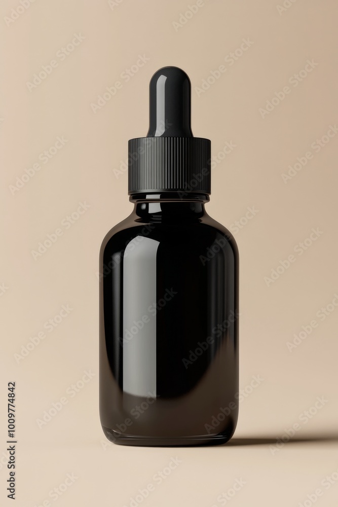 Elegant black dropper bottle on simple beige background showcasing a minimalist design Elegant black dropper bottle on simple beige background showcasing a minimalist design