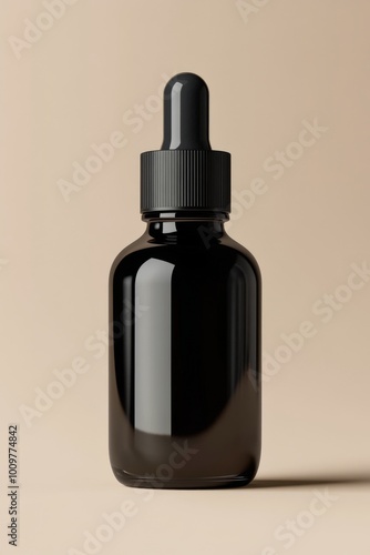 Elegant black dropper bottle on simple beige background showcasing a minimalist design