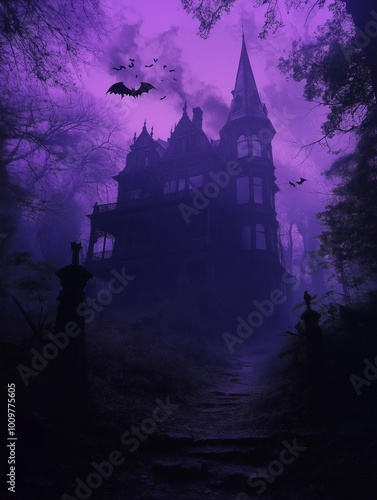 Haunted house at night in the fog
