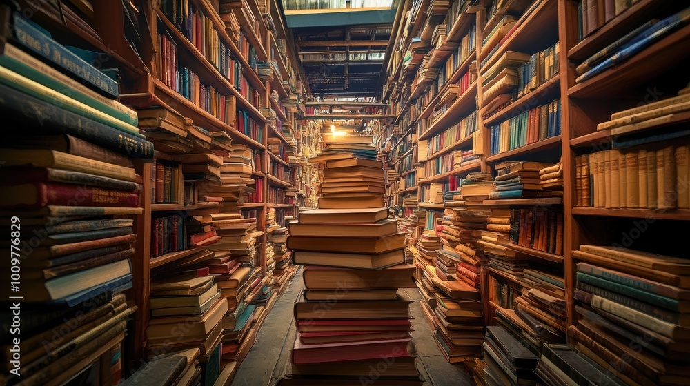 A narrow aisle overflowing with stacked books in a library A narrow aisle overflowing with stacked books in a library