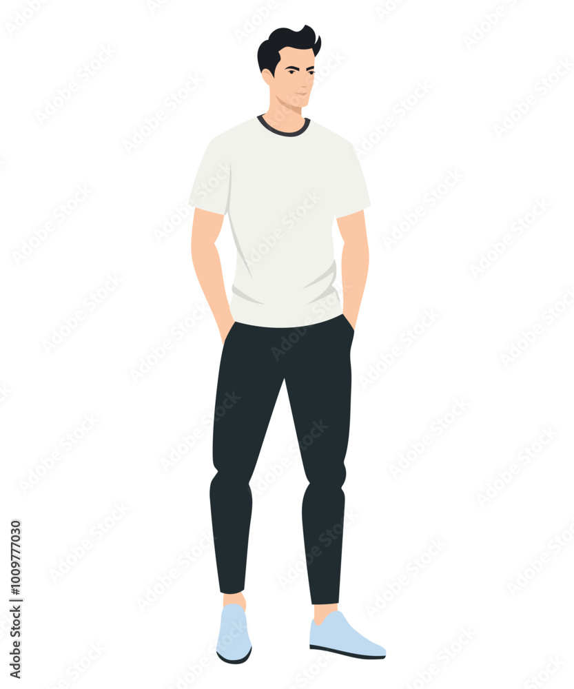 Vector illustration on a white background. A man in a white t-shirt and black pants. Minimalist style. Vector illustration on a white background. A man in a white t-shirt and black pants. Minimalist style.