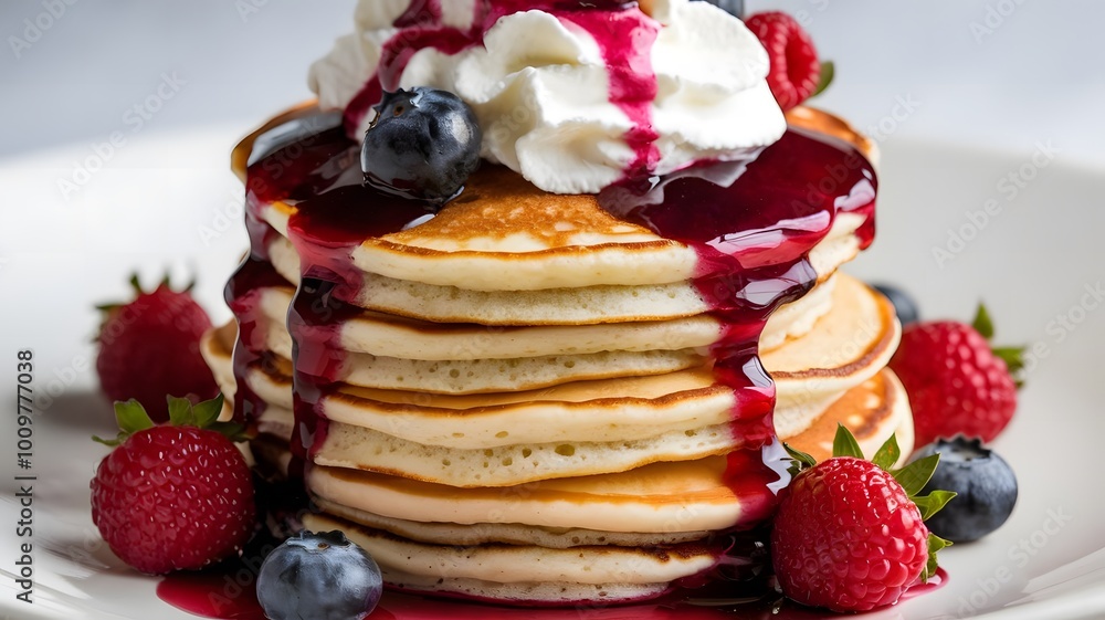 Cloudberry Pancake Stack, A fluffy pancake stack topped with whipped cream, cloudberry syrup, and fresh berries. Cloudberry Pancake Stack, A fluffy pancake stack topped with whipped cream, cloudberry syrup, and fresh berries.
