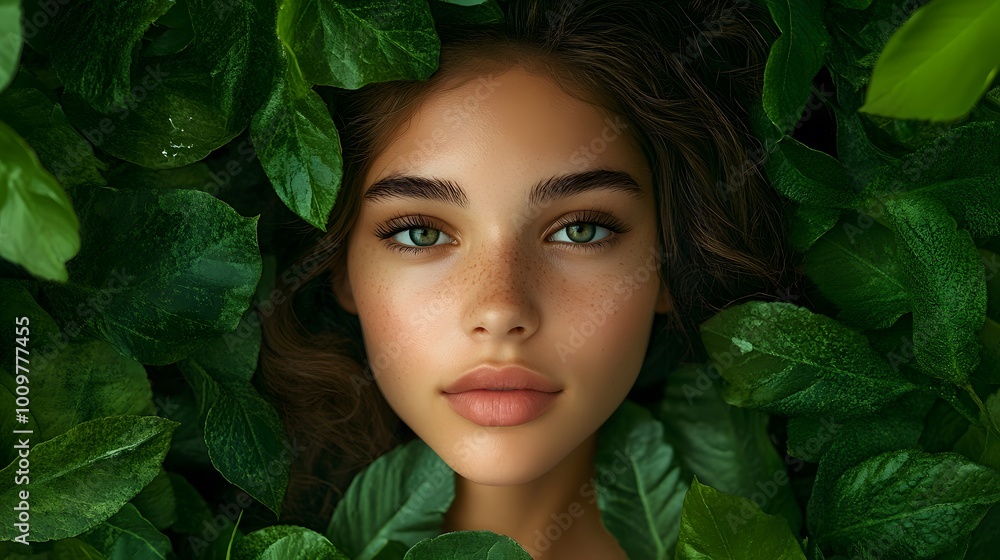 Nature-inspired portrait of a young woman surrounded by lush green leaves, emphasizing natural beauty and serenity Nature-inspired portrait of a young woman surrounded by lush green leaves, emphasizing natural beauty and serenity