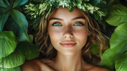 Nature-inspired portrait of a young woman surrounded by lush green leaves, emphasizing natural beauty and serenity