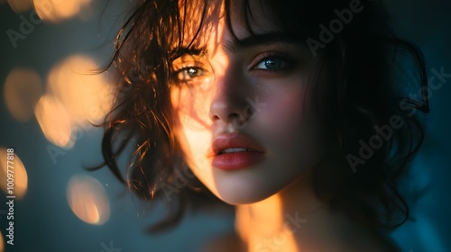 Wallpaper Mural Close-up Woman with intense gaze and sunlight on face casting artistic shadows and highlights Torontodigital.ca