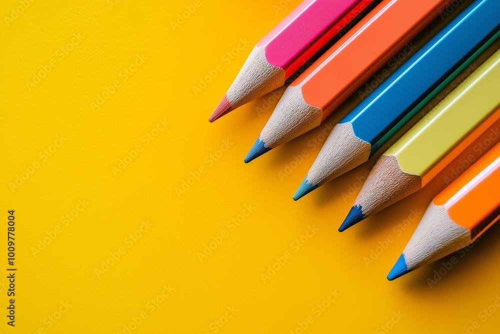 Bright pencils arranged in a colorful line on a vivid yellow background offer creative delight. Bright pencils arranged in a colorful line on a vivid yellow background offer creative delight.