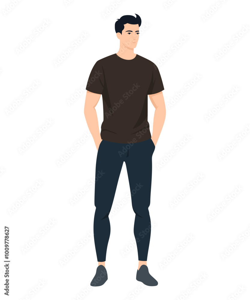 Vector illustration of a woman in a black t-shirt and black pants. Black minimalism Vector illustration of a woman in a black t-shirt and black pants. Black minimalism