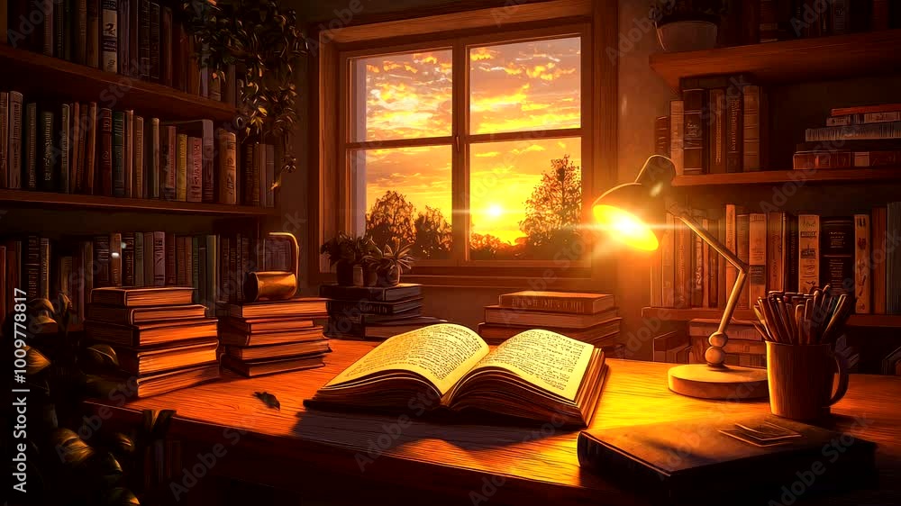 Cozy study desk with an open book, glowing lamp, and sunset view through the window. Seamless looping 4K video background Cozy study desk with an open book, glowing lamp, and sunset view through the window. Seamless looping 4K video background