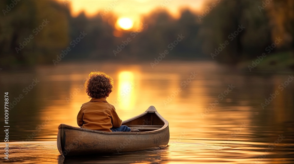A young boy with curly hair enjoys a peaceful evening in an old wooden canoe, gazing at the vibrant sunset over the calm river A young boy with curly hair enjoys a peaceful evening in an old wooden canoe, gazing at the vibrant sunset over the calm river