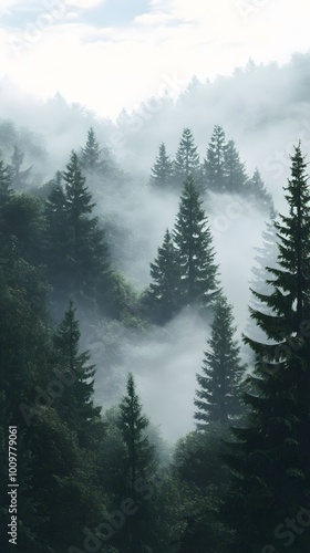 A dense pine forest with mist rising from the trees, creating an ethereal atmosphere