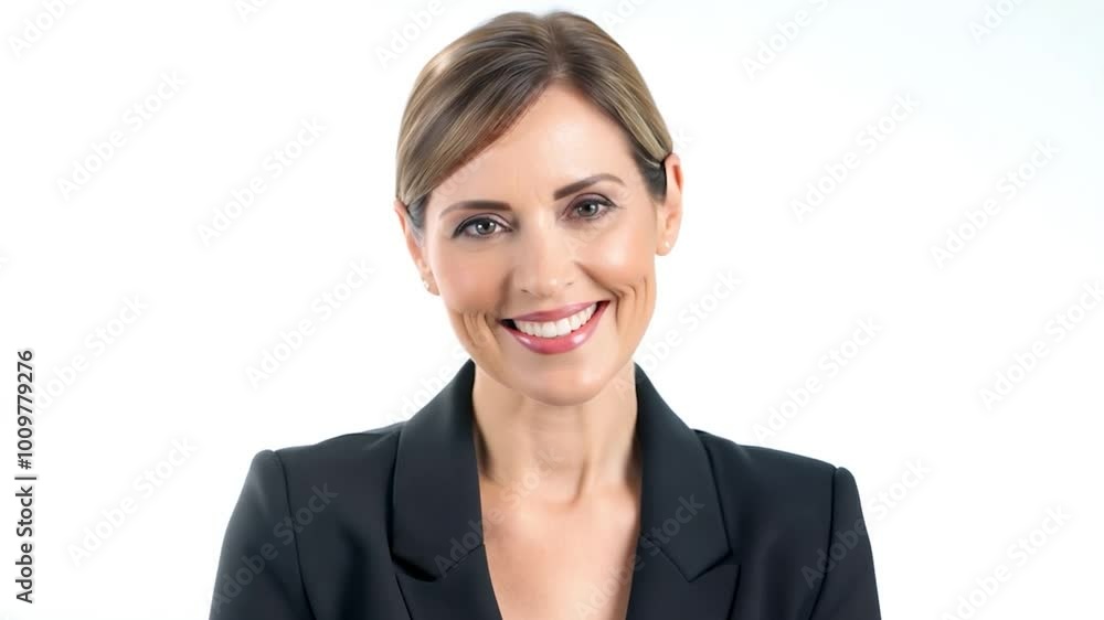 Businesswoman smiling confidently against a white background. Dressed in a black jacket, she showcases a professional and elegant appearance, radiating positivity and charm